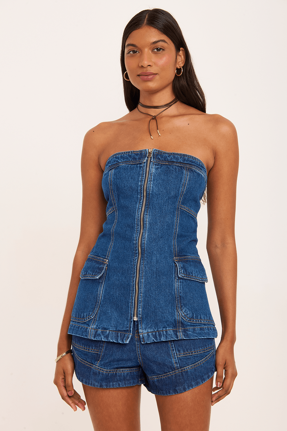 blusa jeans sem alça zíper - Garage Rio
